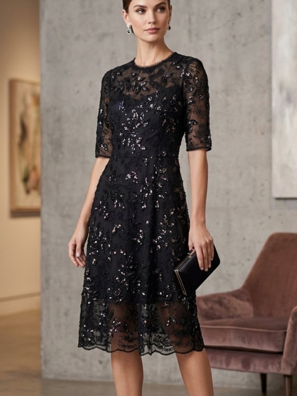 Rickie Freeman for Teri Jon Black Beaded Embellished Midi Dress 👗